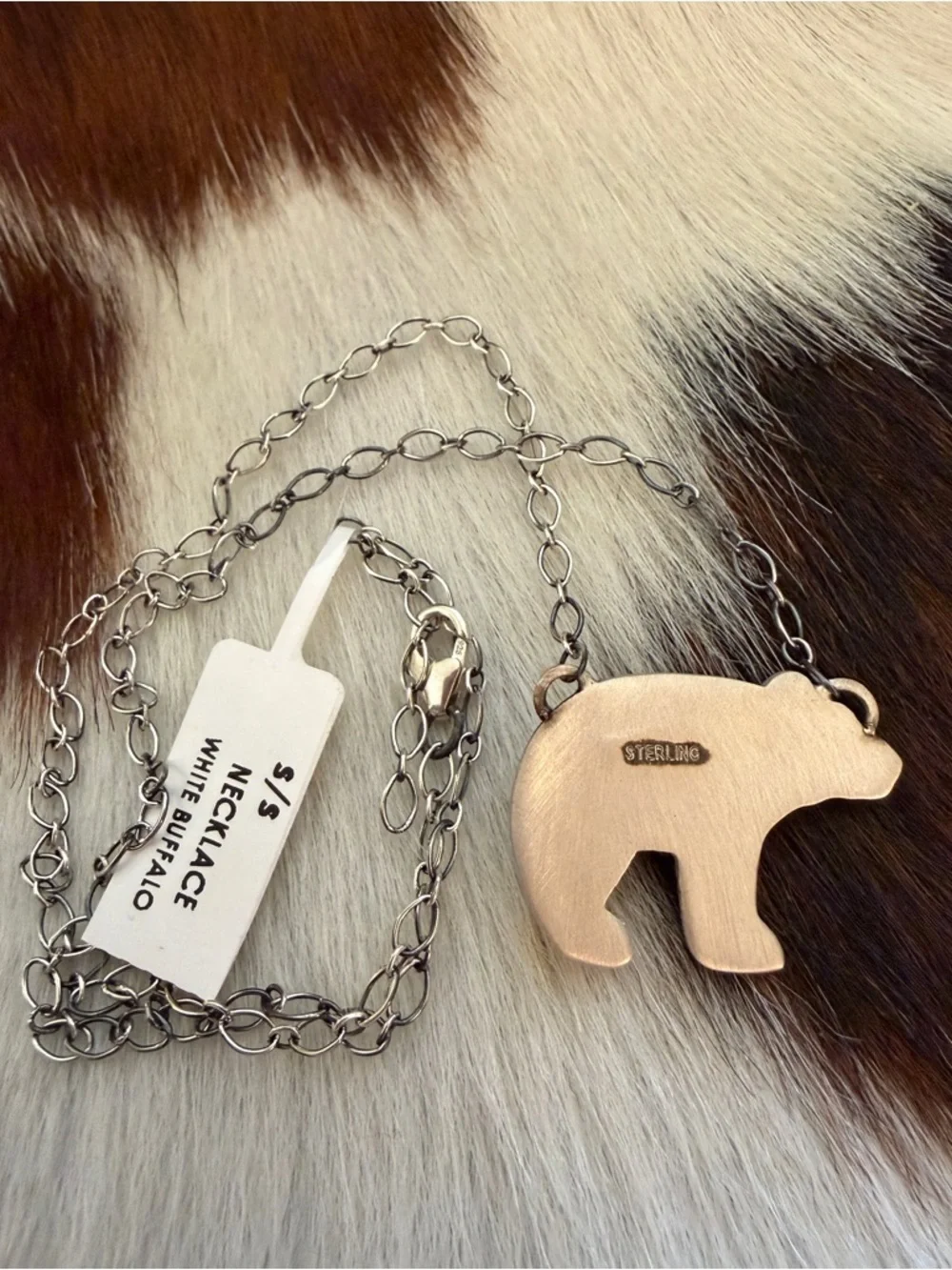 ❤️ White Buffalo Hand Stamped Statement Bear Necklace Matte Sterling 18+2” Adj